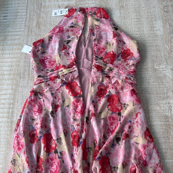 Floret Studios Floral Ruffle Waist Chiffon Dress Pink/Red/Beige Floral XL NWT - Picture 7 of 11